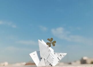 Papierowy żuraw origami z koniczyną na tle błękitnego nieba